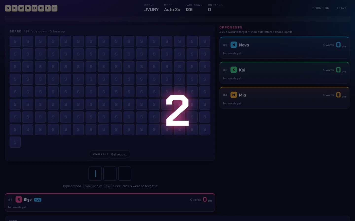 Skwabble board at the start of a round with every tile face down and a large 2 counting down to the first flip