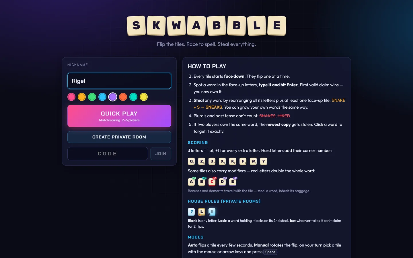 Skwabble home screen with a nickname field, colour picker, Quick Play and Create Private Room buttons beside the how-to-play rules