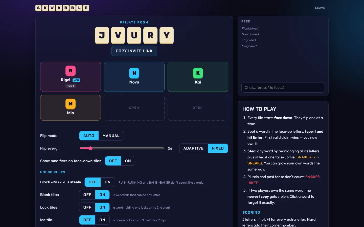 Skwabble private room lobby with room code JVURY, four players seated and host settings for flip mode, pace and house rules